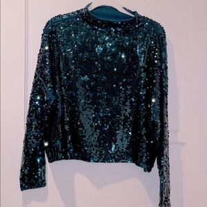 Anthropologie Pilcro Cashmere Mock Neck Sweater Sequin Ed EMERALD GREEN Sz Small